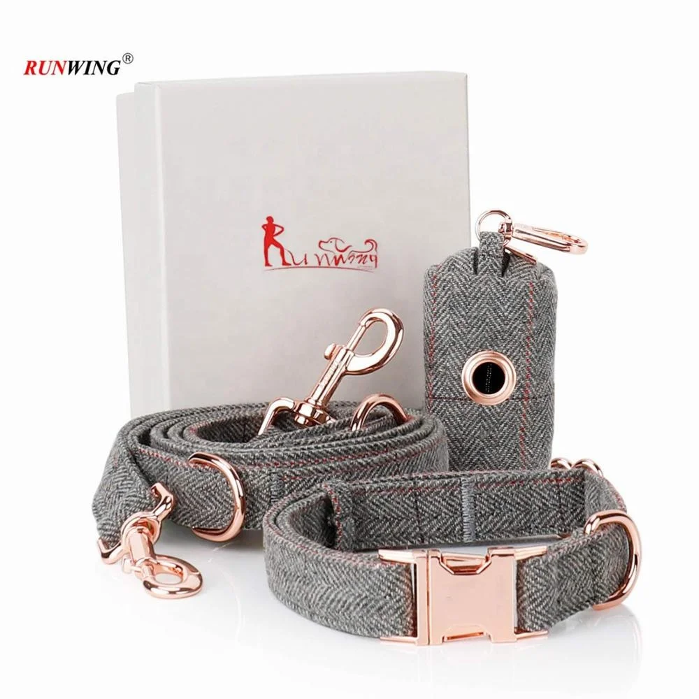 Luxury Tweed Plaid Dog Collar Leash Set Multi-function Dog Leash With Two Hooks