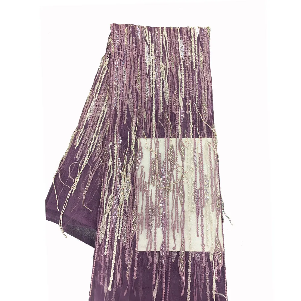 High Quality Peach Handmade Beaded Embroidery Fringed Tulle Fabric French Women Evening Dress Long Tassels With Sequins Net Lace