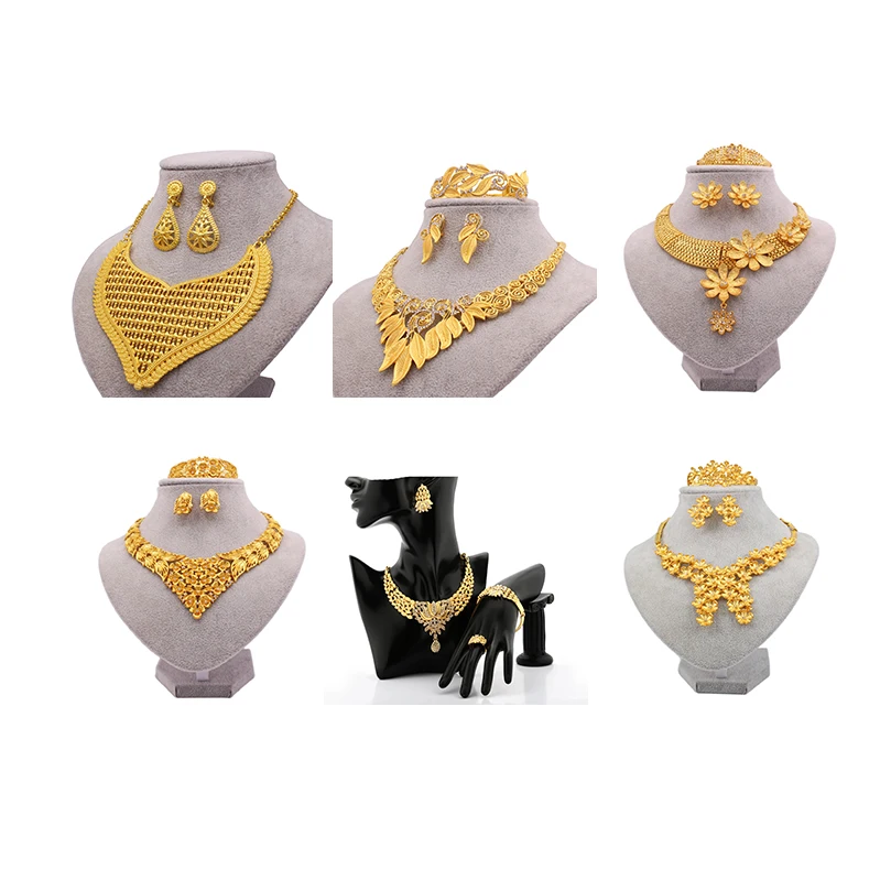 Dubai 24K Gold Plated Jewelry Sets Flower Necklace Earring Ring Bracelet 4pcs African Wedding Bridal Set