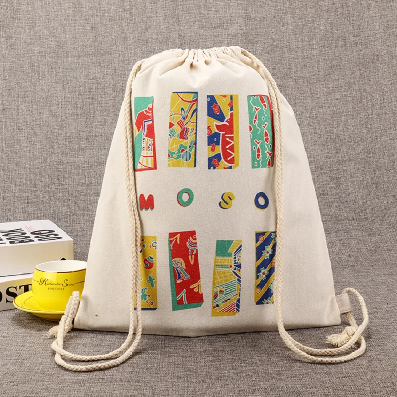 Eco-Friendly Durable Cotton Canvas Drawstring Backpack Bag For Students Portable Fabric Travel Use Bags