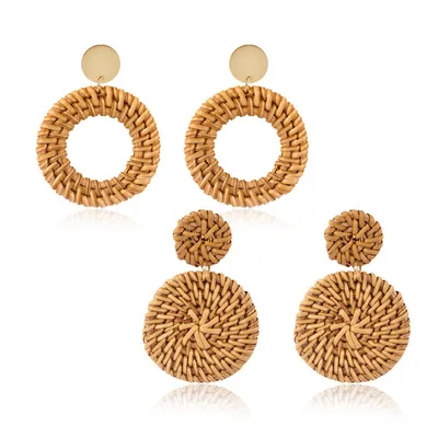 2021 Hot Sale Handmade Tassel Woven Bohemian  Straw Wicker Braid Hoop Drop Dangle Earrings Geometric Lightweight Rattan Earrings