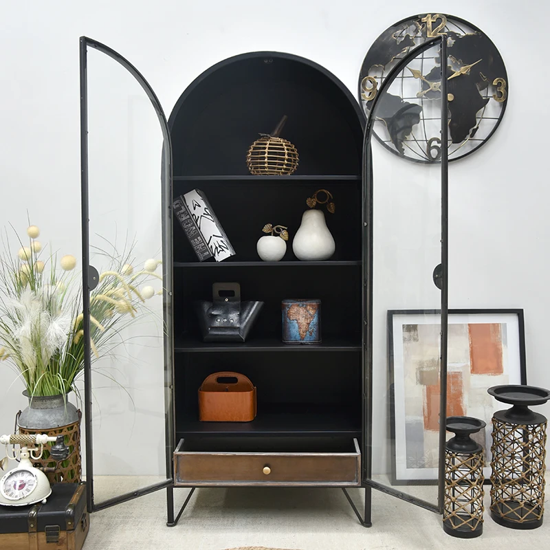 INNOVA Home Accent Vintage Industrial Living Room Storage Drawer Black Arch Tall Metal Cabinet with Shelves and Glass Doors