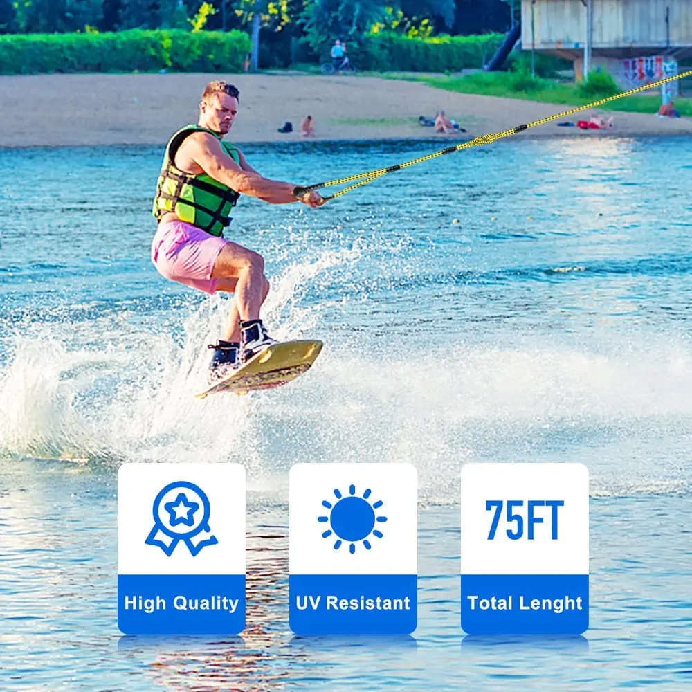 Оптовая продажа двухсторонняя водная Лыжная веревка с двумя деревянными плавающими ручками 75 футов для Вейкборда водных лыж и косичек