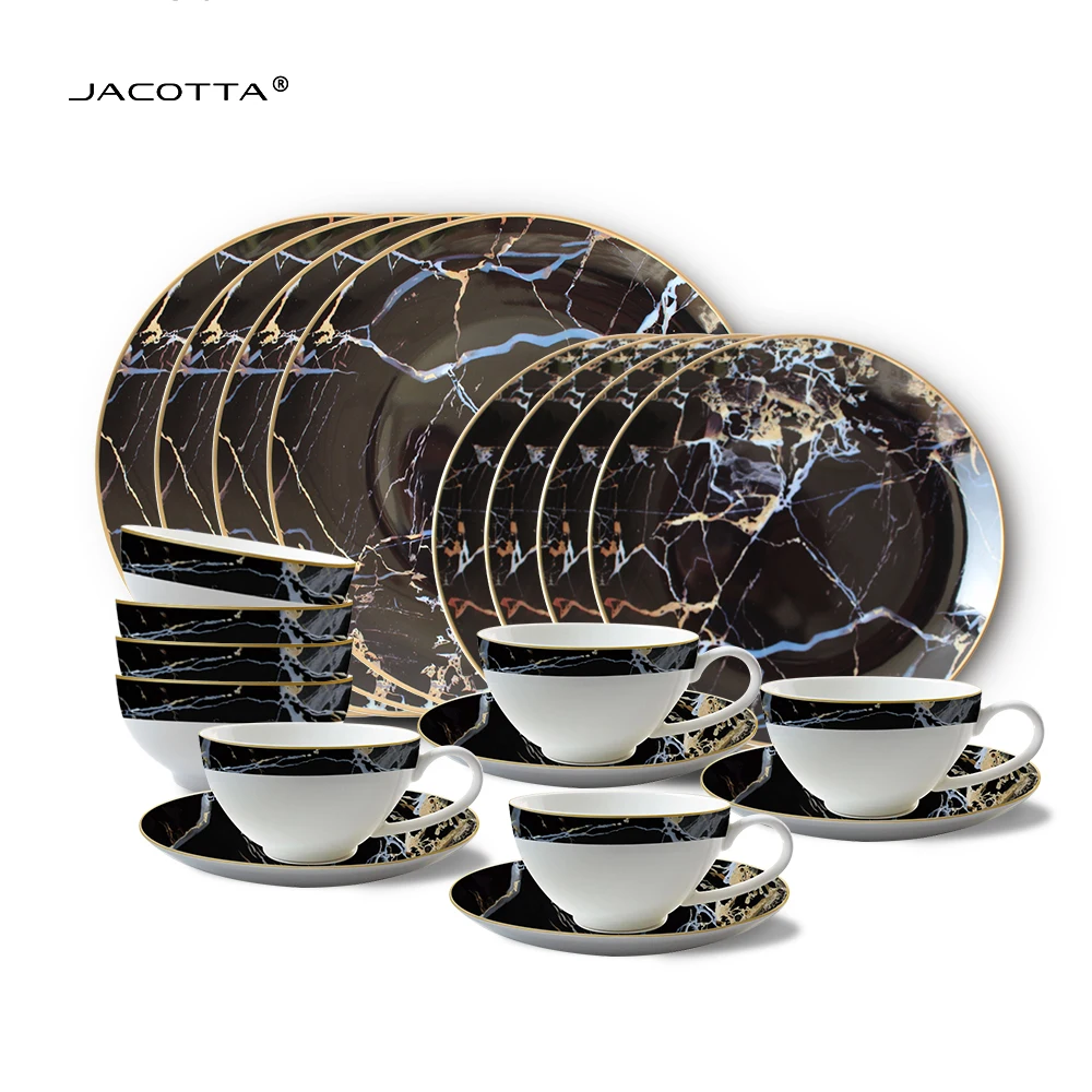 Black marble pattern bone china luxury gold rim kitchen dinnerware plates bowl cup with saucer set