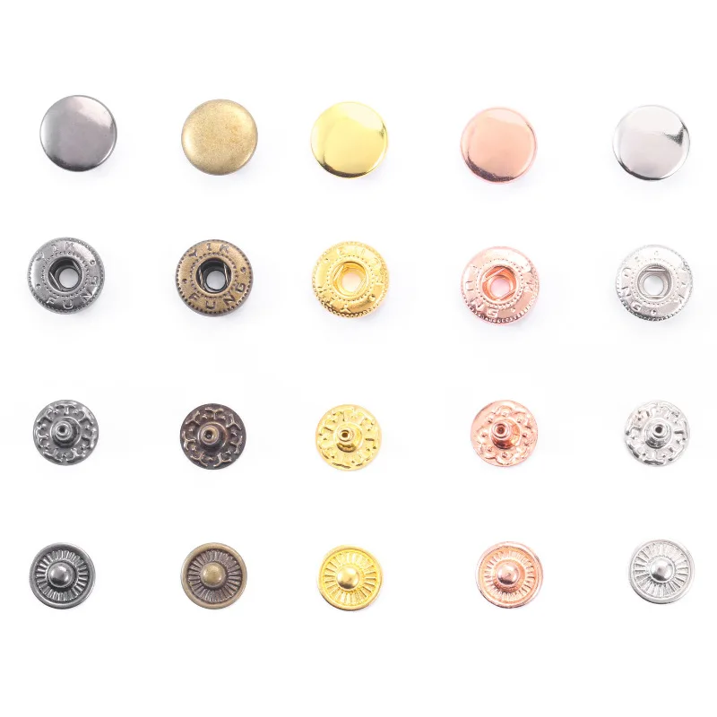 Custom Emboss logo 15mm Silver Black Snap Fastener Metal Snap Button for Clothes Bags Accessories 4 Part Snap Buttons