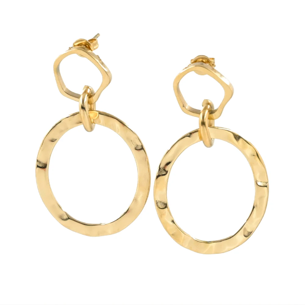 Wholesale Jewelry Waterproof Non Fading Stainless Steel Gold Plated Long Exaggerated Double Circle Pendant Drop Earrings Women