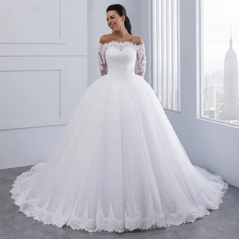 European and American wedding dresses 2022 new one-shoulder long-sleeved brides wedding dress waist temperament thin lace tail