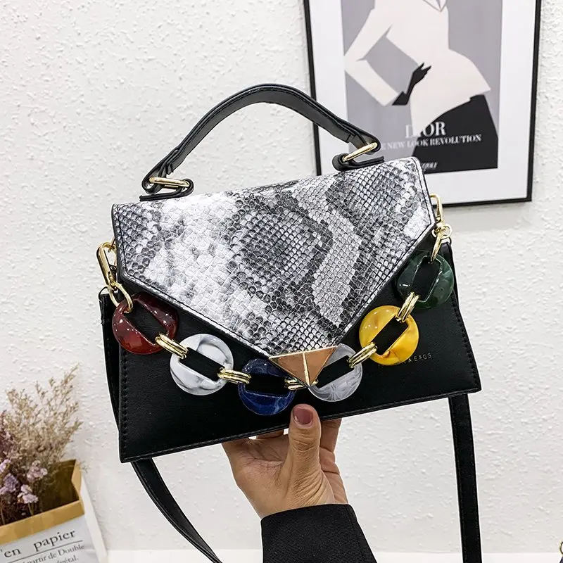 
Dropshipping lady bag 2021 New Korean style contrast color snake pattern color chain portable small square bag 