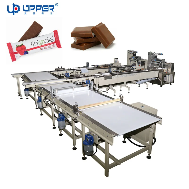 UPPER Automatic sorting swiss roll caramel bar packing line protein bar chocolate packaging machine