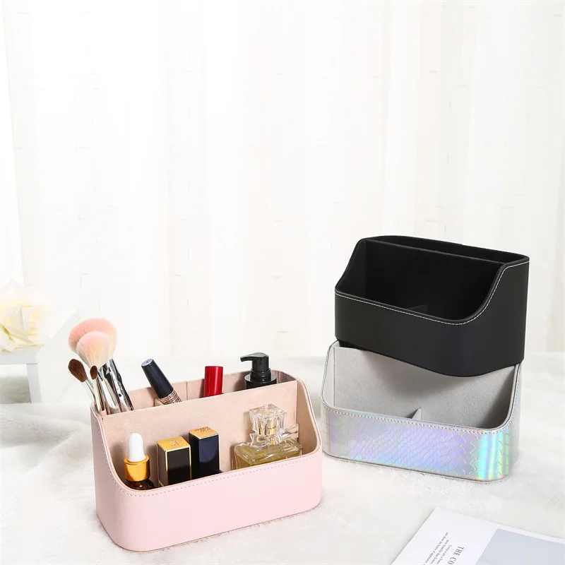 LG8182B Cosmetic leather luxury design Organizer Makeup Brush Holder leather boxes stationary box desk organizer
