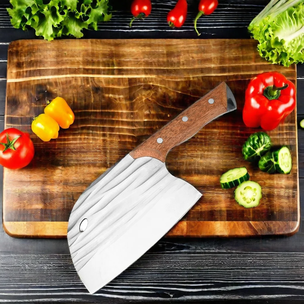 High Quality Kitchen Cleaver Knife Chopper with Hammered Steel Blade and PP Handle round Nose Knife with Wooden Handle