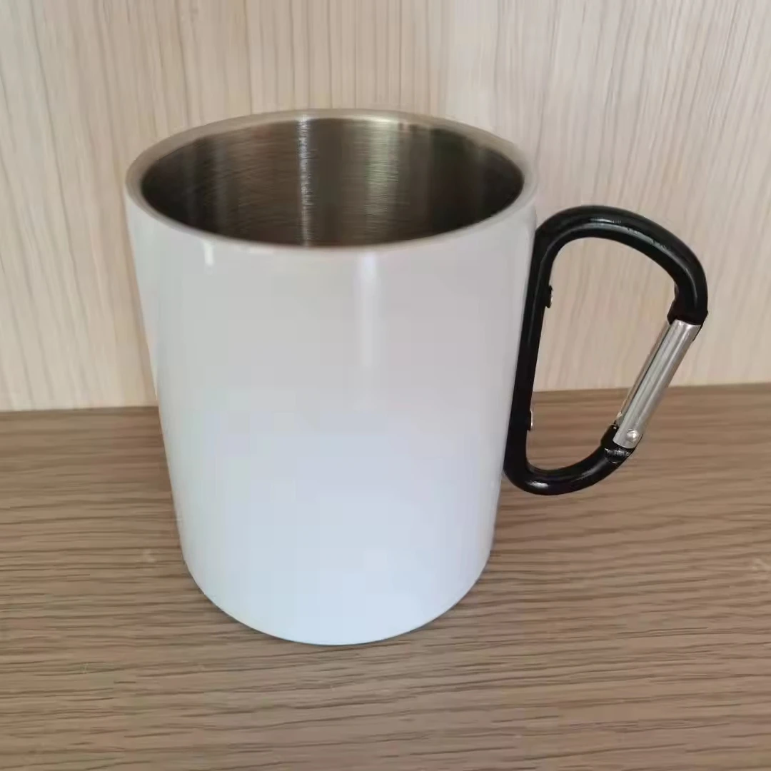 450ml Minimalist Design Stainless Steel Double-Wall Coffee Mug Keyring Handle Red/Black/Blue/Silver-Sublimation Printing Coating
