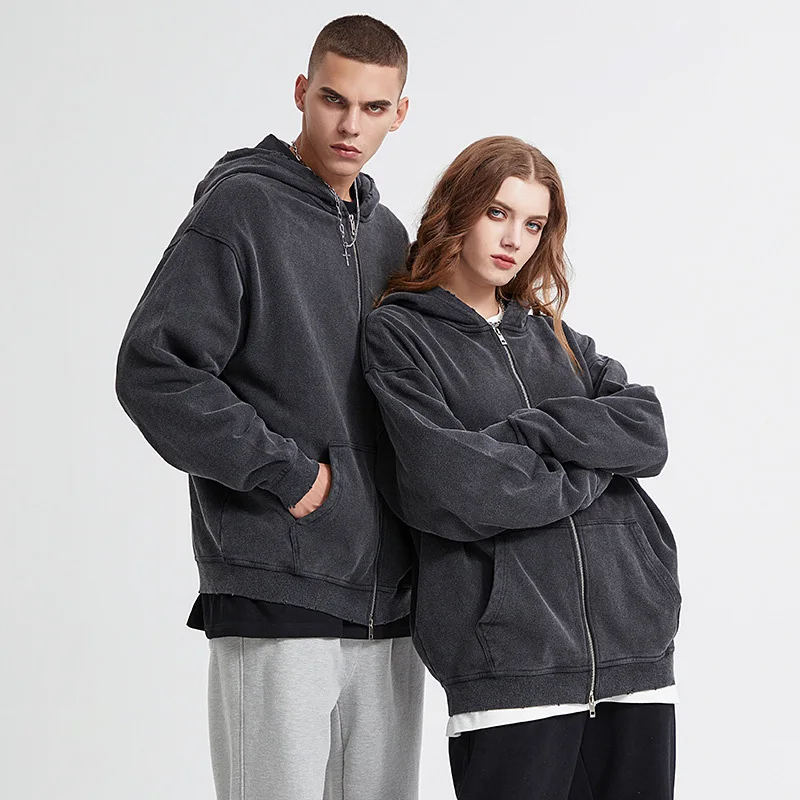 Heavyweight Black Zip Up Hoodies Custom Oversized 100% Cotton Acid Washed Vintage Zip Up Hoodie