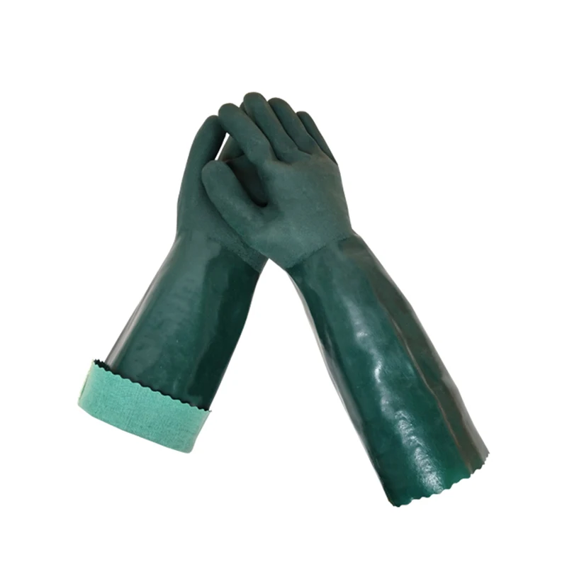 Rubber PVC Coated Hand Gloves Green, Large,Rough Sandy Surface Work Safety Gloves with Gauntlet Cuff, Soft Jersey Lining