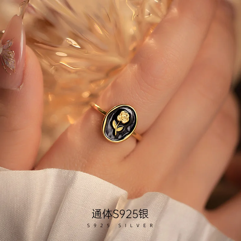 French Premium Black Drip Glaze Rose Ring S925 Silver Metallic Vintage Flower Ring for Women Fine Jewelry Rings