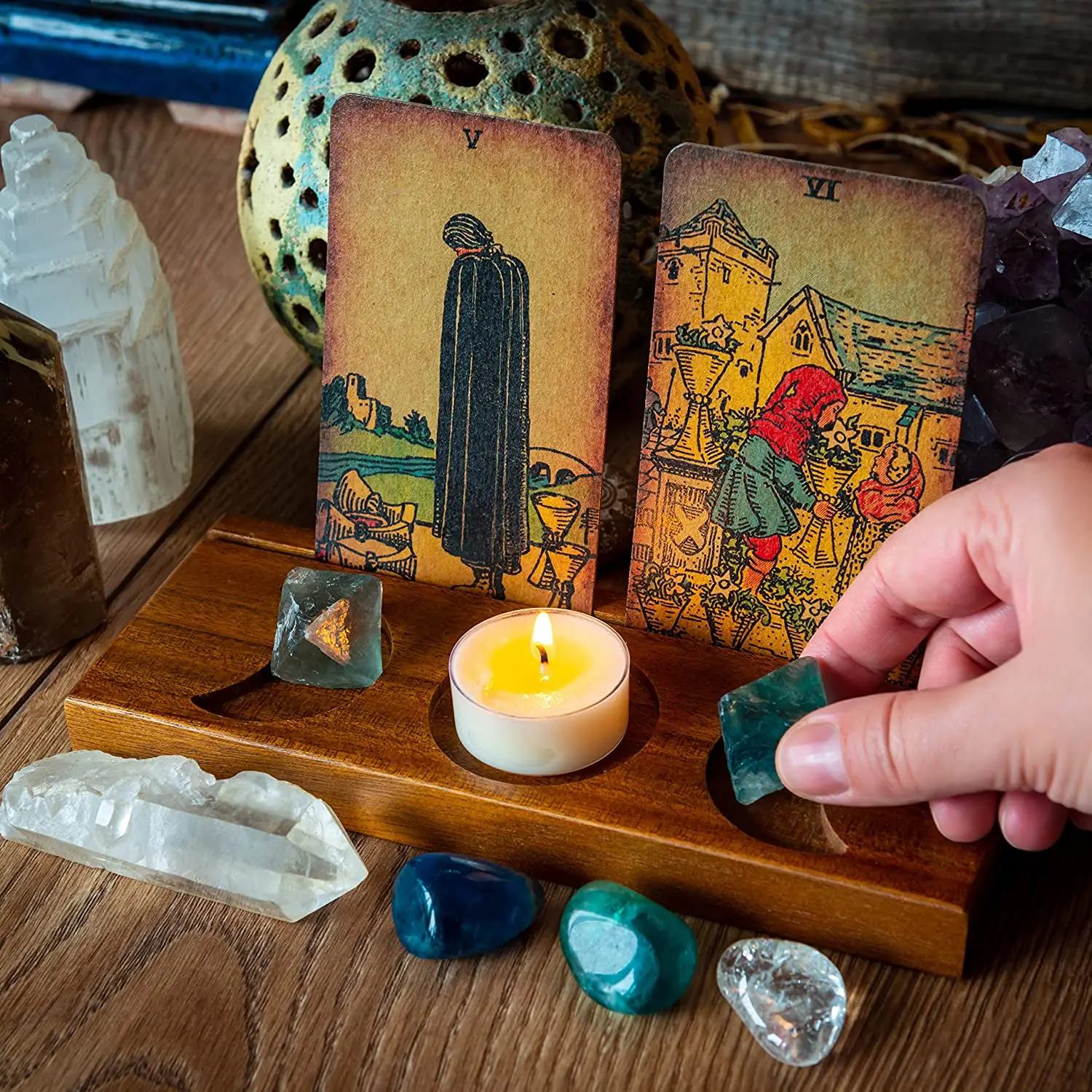 factory wicca witchy divination room decor crystal display triple moon ta rot card stand wooden altar candle holder accessories