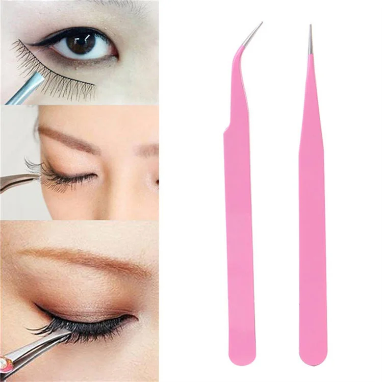 Custom Stainless Steel Pink Nail Straight And Curved Tip Tweezers 2pcs Set For Eyelash Extensions Nail Art Sticker Picker