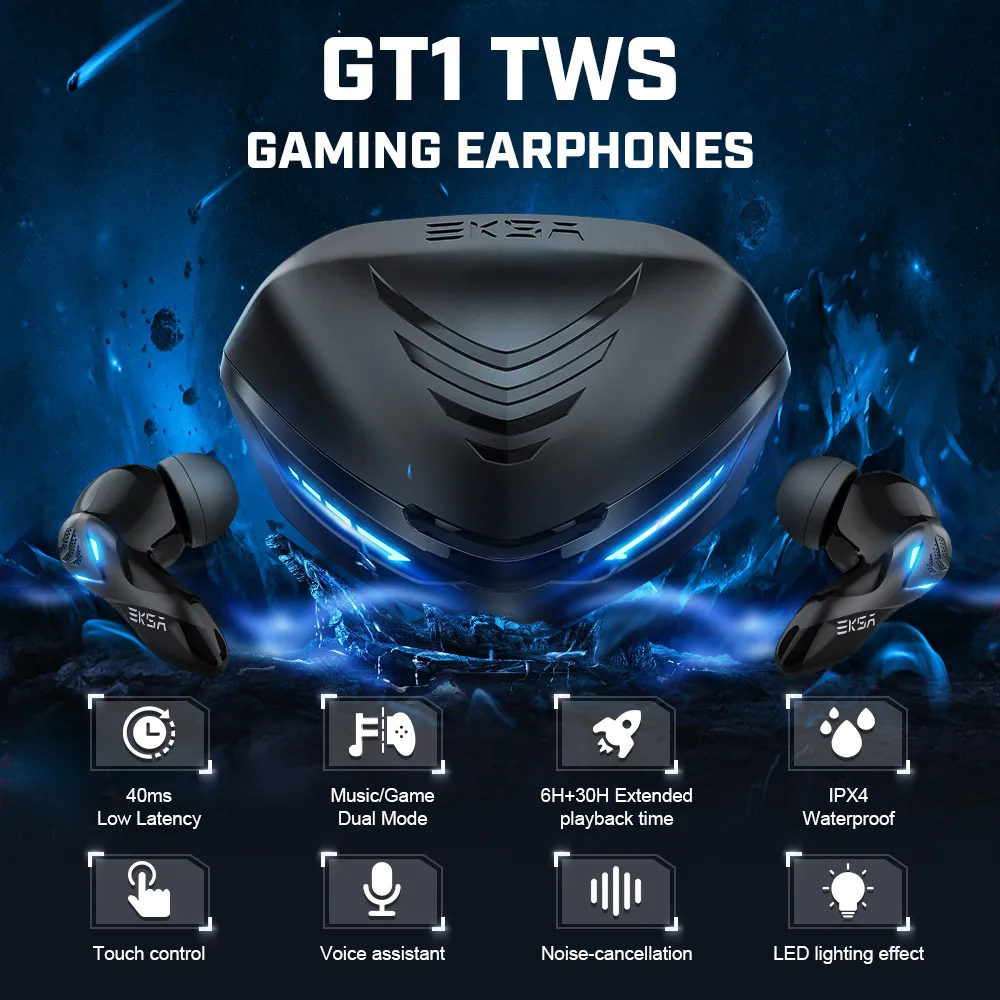 Наушники EKSA TOP 1 игровые TWS наушники GT1 с режимом игры и музыки 38 мс низкой задержкой время автономной работы 30 часов водонепроницаемые