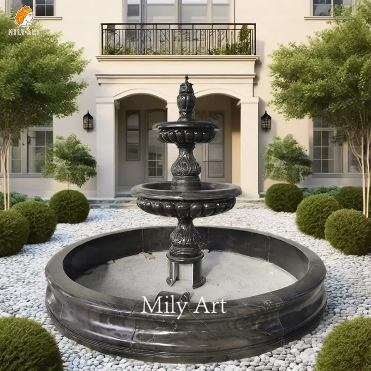 Hand Carved Natural Black Marble Stone Water Fountain for Outdoor Decoration