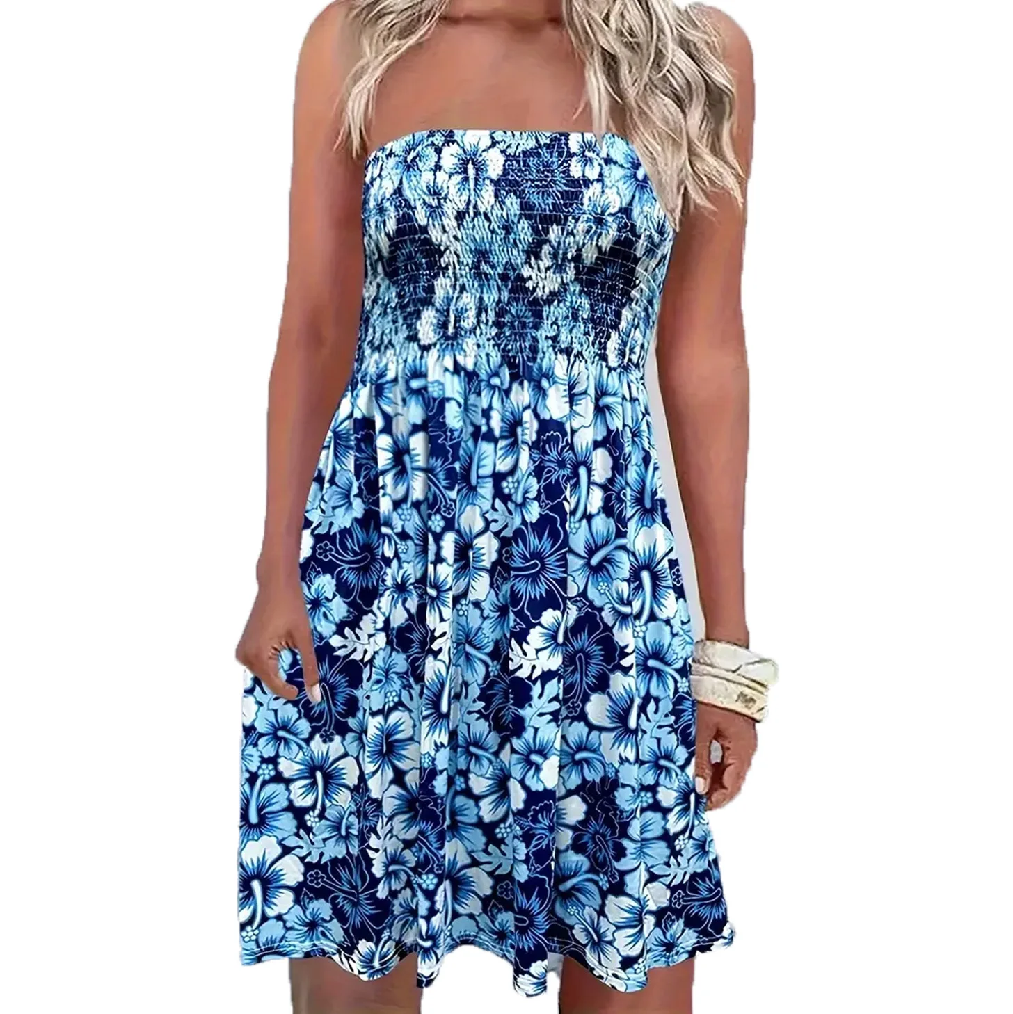 Hawaii Hot Selling Knee Length Dress Custom Printed Elastic Shirred Tops Beach Dress