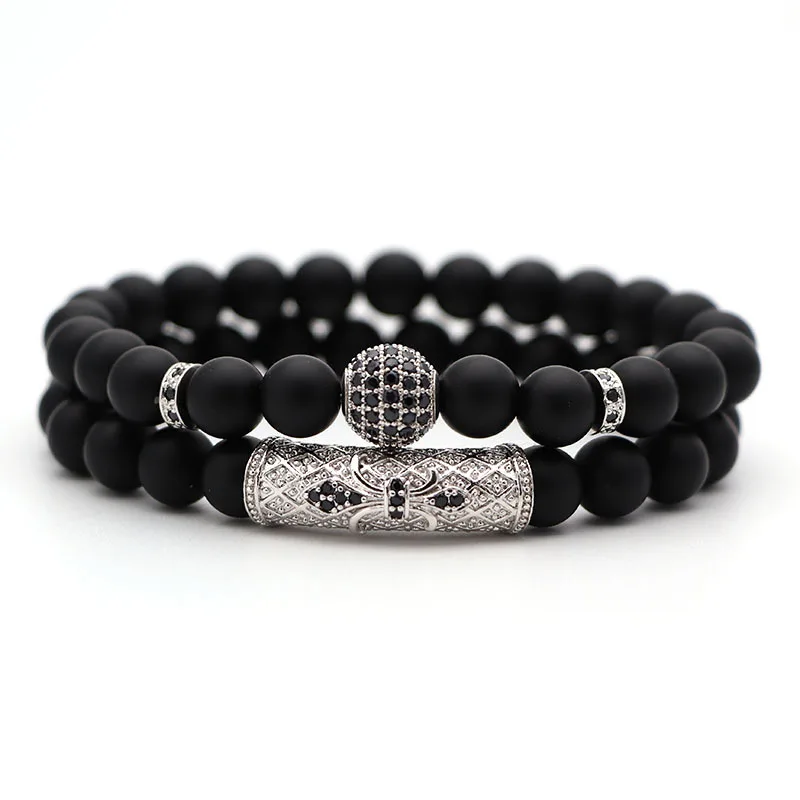 men bracelet lion head with crown bracelets 8mm natural stone beads bracelet pave cz crowns men women jewelry pulseira