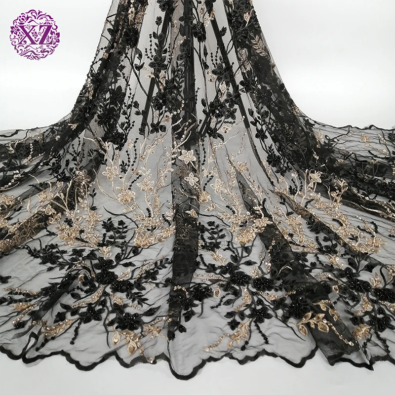 2022 High Quality Handmade Beads Sequins Embroidery Blake Lace Fabric For Ladies Dress