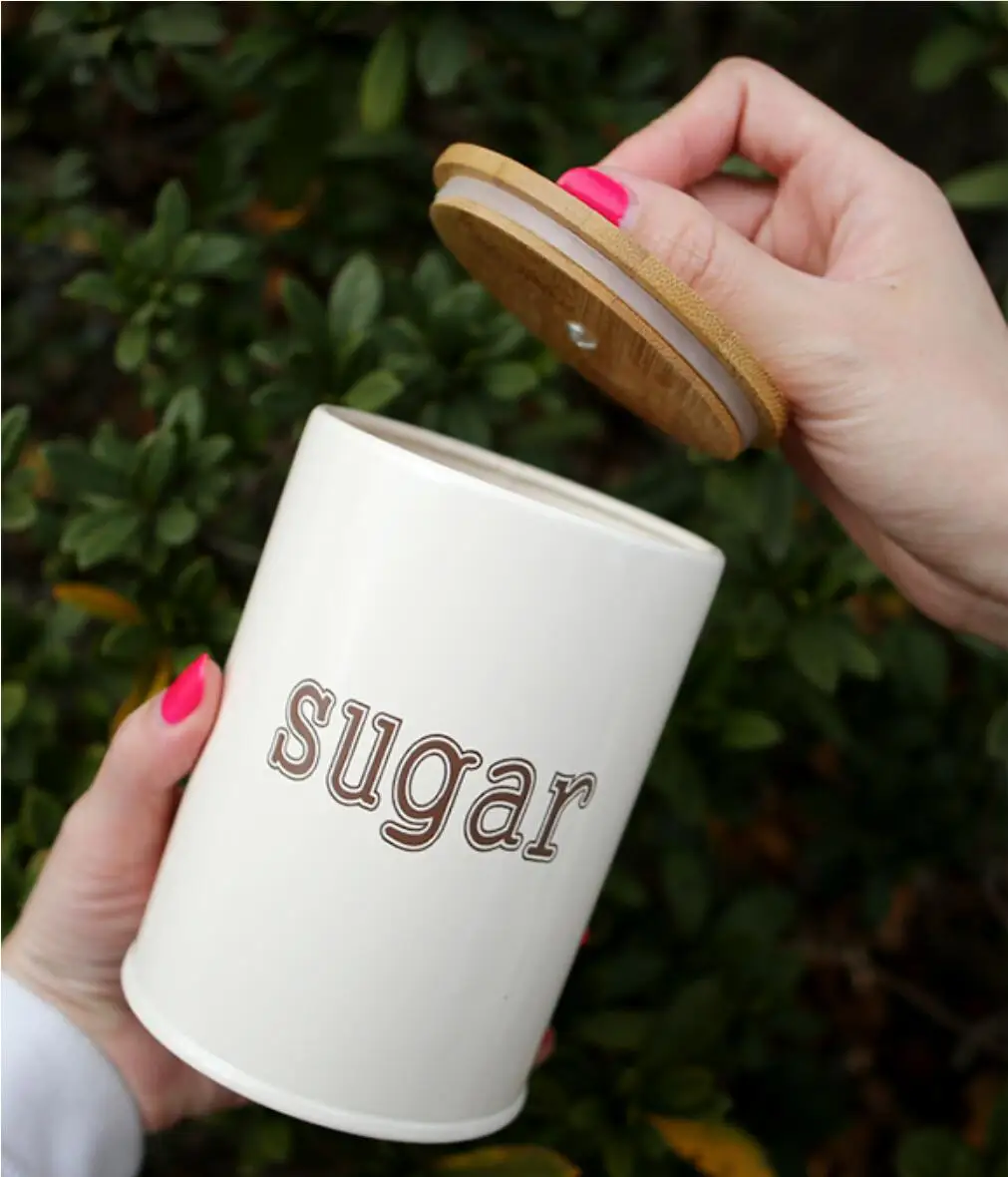 Set of 3 piece Kitchen Canister Jars with Bamboo Wooden Lids White Metal Rustic Vintage Canister Sets