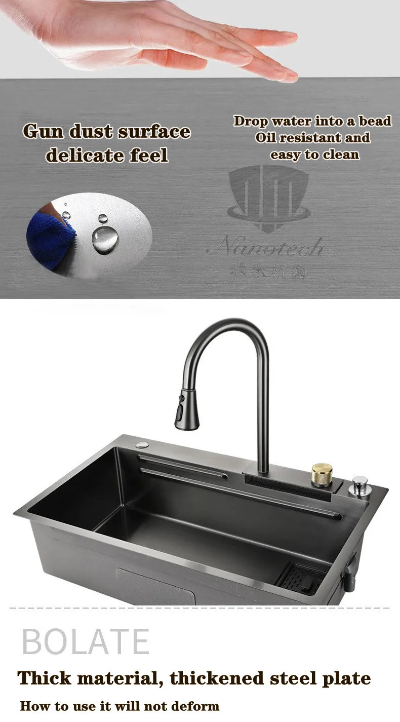 TOP1 Multifunction Black Undermount Modern Waterfall Smart Kitchen Sinks Stainless Steel Modern Pull Out Kitchen Sinks