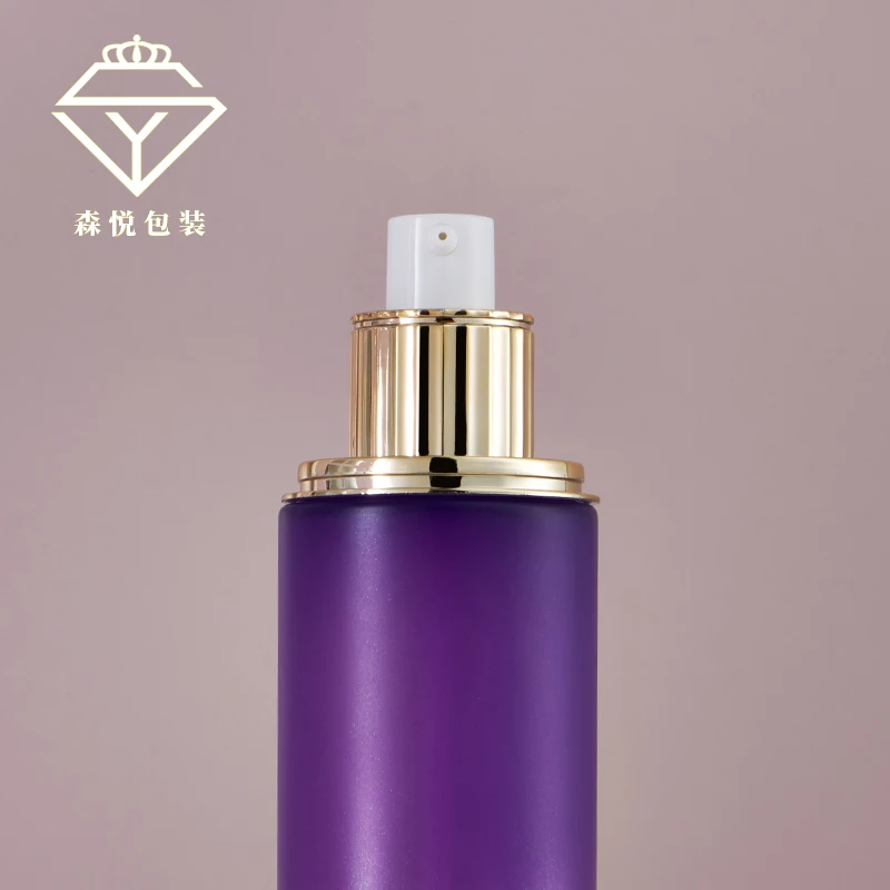 Luxury Glass Skincare Jar Packaging Deluxe Purple Frosted Glass Bottle Set For Cosmetic Lotion