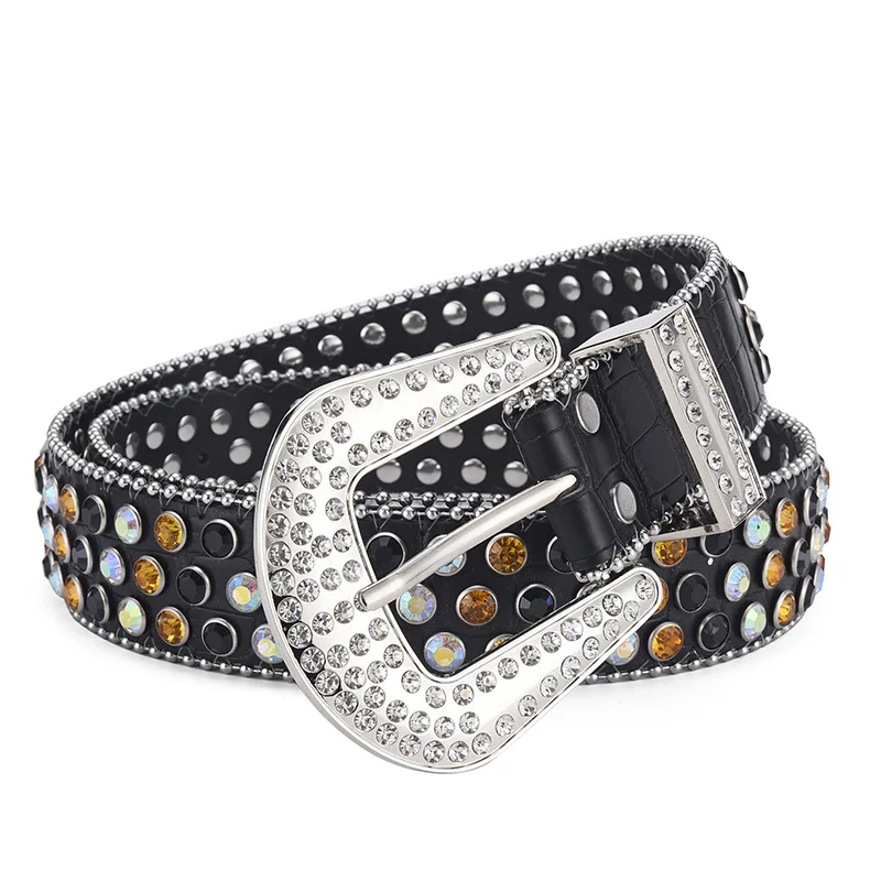 Women Men Fashion Designer Luxury Shiny Ice Leather Cowgirl Cowboy Y2K Studded Gemstone Rhinestone Belt