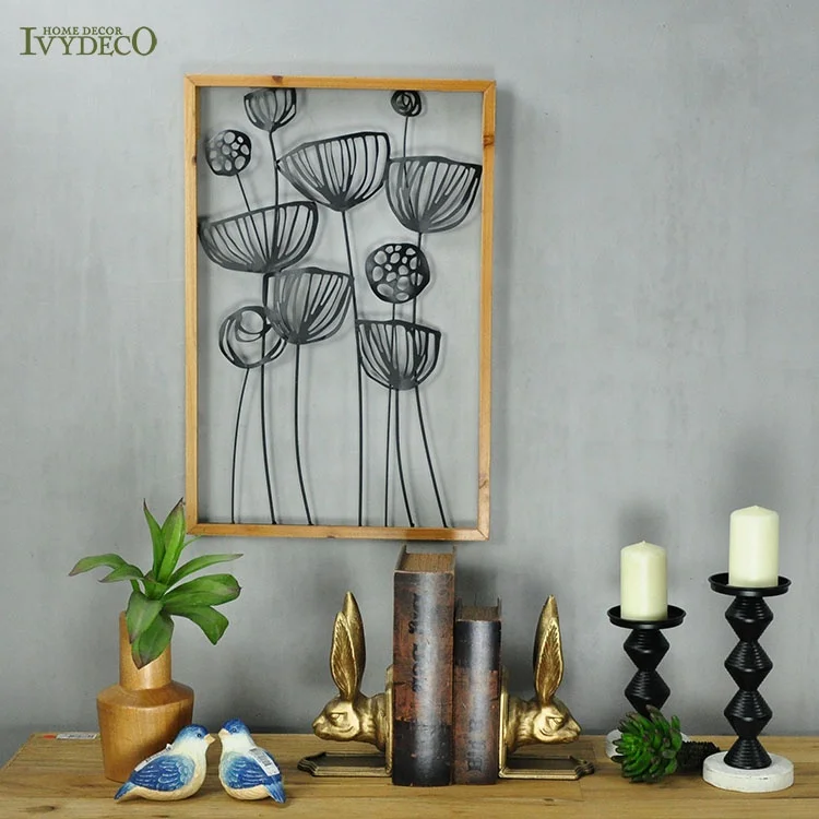 Металлический декор IVYDECO для стен с листьями лотоса, 3d настенные украшения для интерьера дома, спальни, деревянная рама, цветок лотоса, настенное искусство