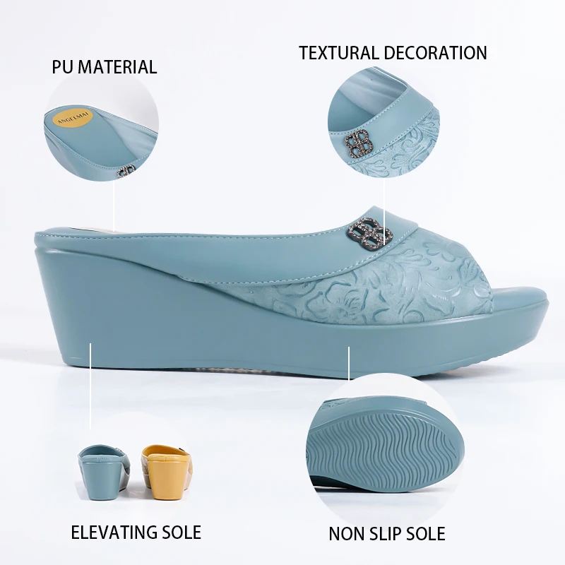 Summer Thick Platform Carving Mules Fish Mouth Open Toe Wedges Shoes Women Rhinestone Mama Shoes Comfortable Mujer Casual Shoes