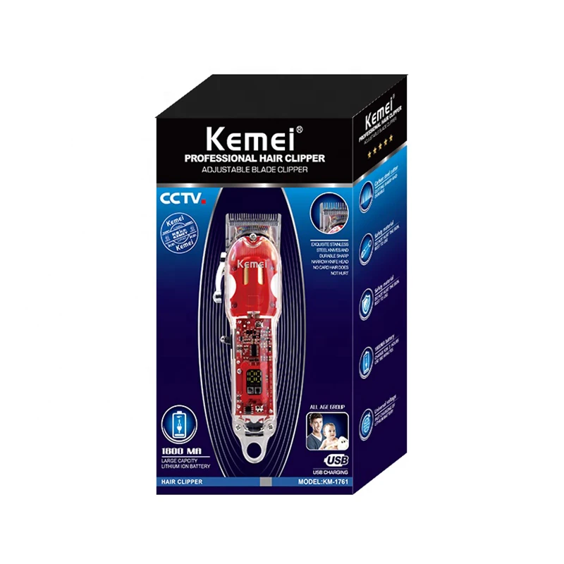 Professional Electric Hair Clippers Kemei KM-1761 Big Power Transparent Body Salon Hair Trimmer Men Barber Hair Cutting Machine