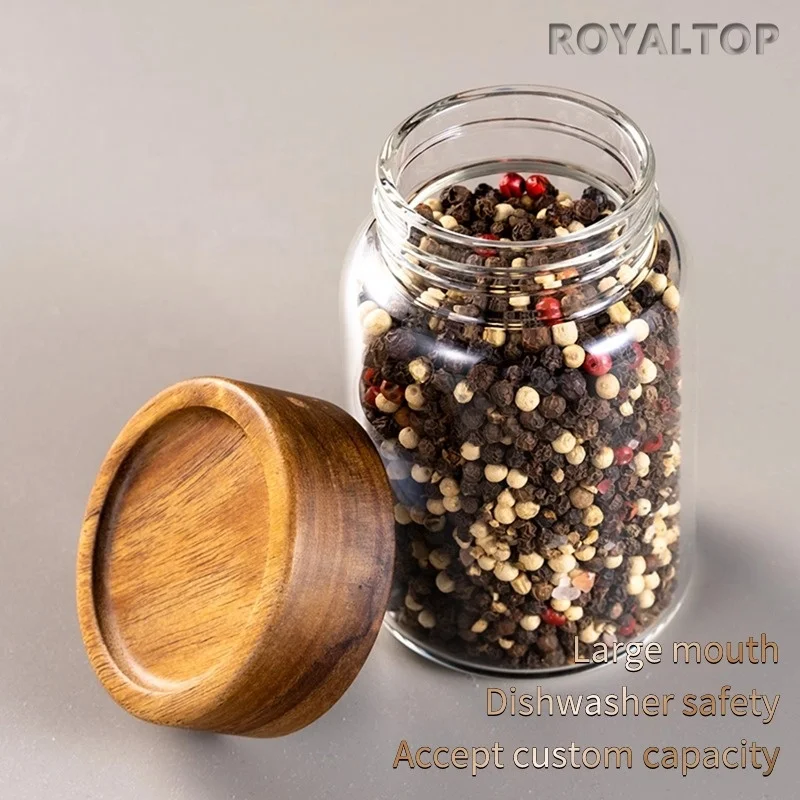 kitchen food canister container 180ml 500ml 1750ml airtight acacia wood lid borosilicate glass storage jars with custom logo