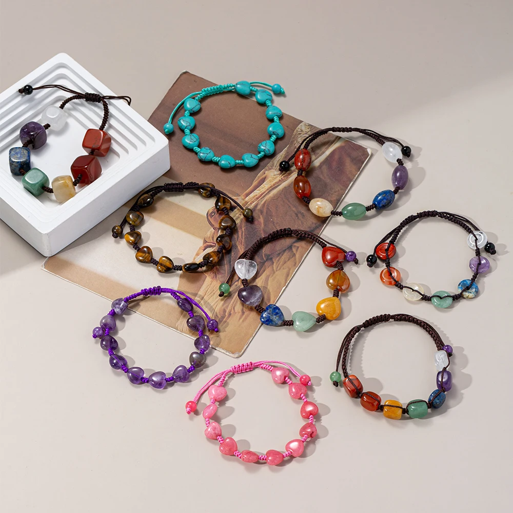 15 Designs Reiki Healing Crystals Bracelet Natural Heart Shape Gemstone Energy Balancing Braided Yoga Beads Bracelet For Women