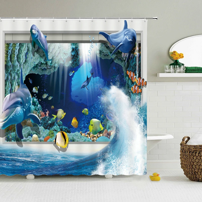 3d Print Ocean Sea Dolphin  Bathroom Curtain Decoration Waterproof Washable Shower curtains With Hooks