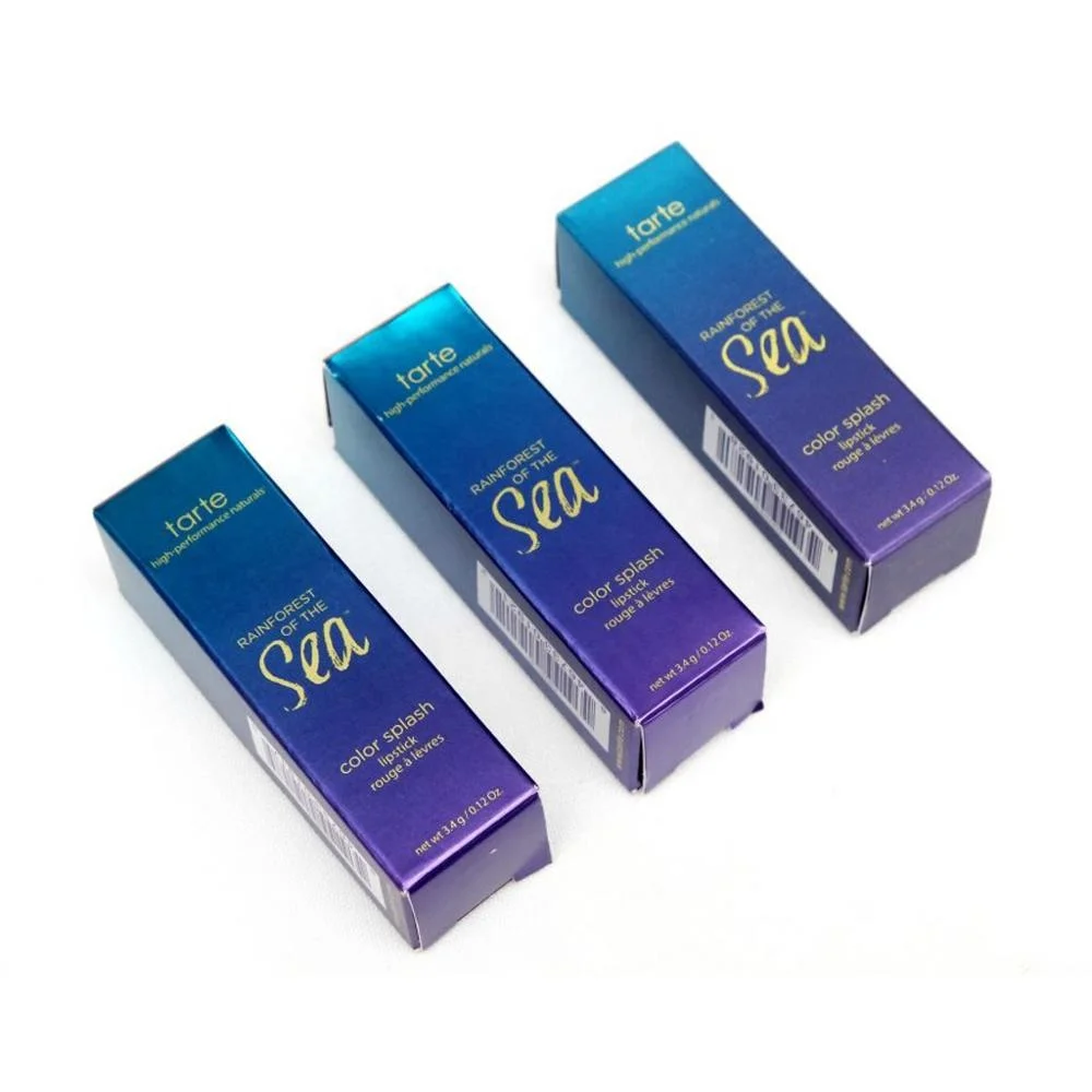 
Glossy lamination gradual blue purple color UV coating embossing shiny paper cosmetics lipstick box packaging custom 