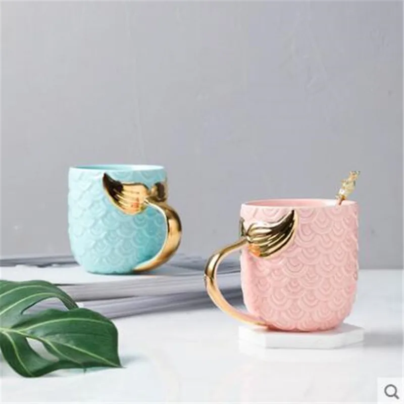 2021 Ins new design mermaid pattern glazed plain milk tea porcelain cup pink tazas travel ceramic coffee mug with gold
