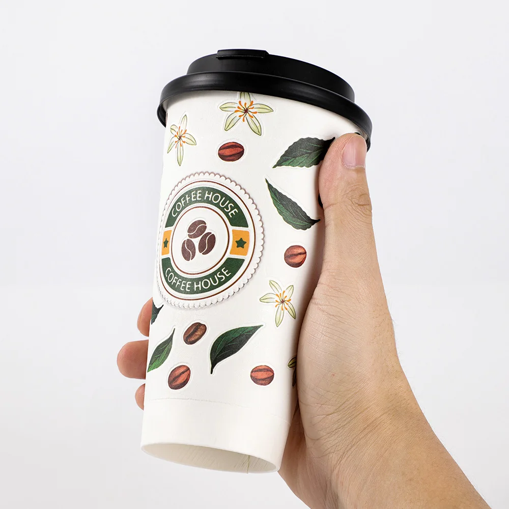 LOKYO Pla flocking degradable take away 8oz 16oz disposable 3D single double wall hot chocolate cocoa coffee paper cups