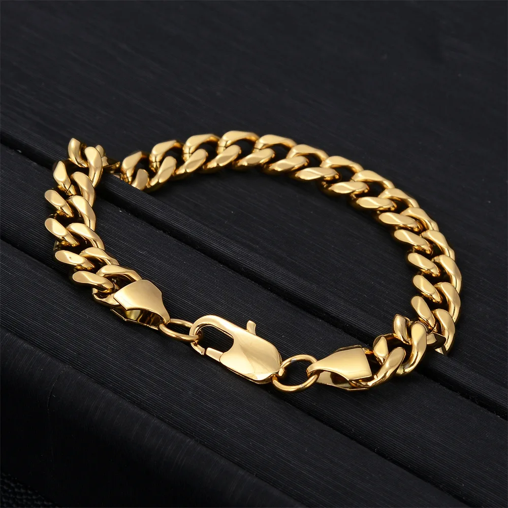 Hip Hop Mens Personalized 18K Gold Link Bracelet Stainless Steel 9MM Cuban Chain Bracelet for Men