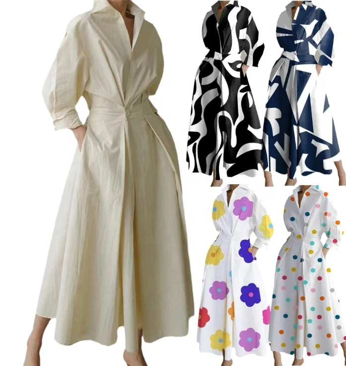 Top Quality Wholesale 2024 Autumn Spring Loose Long Shirt Dress Elastic Slimming Fashion Over-the-knee Women Office Dress