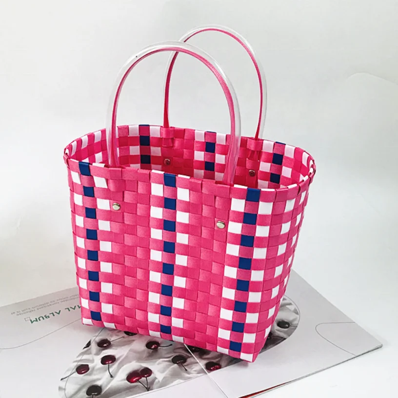 Stripe Colorful Waterproof Summer Beach Plastic Handbag  Woven Basket Fashion Beach Bag