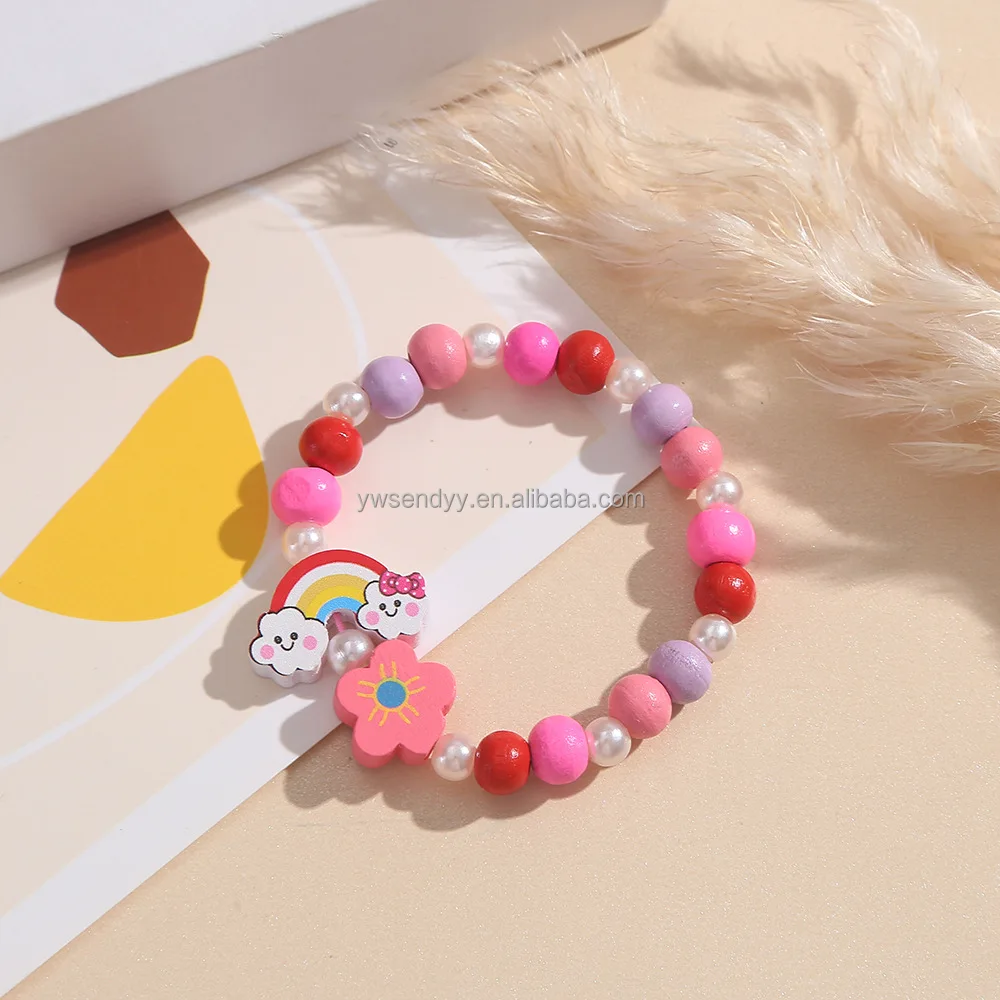 Wholesale Fashion Cartoon girl Pearl Bracelet Cute Rainbow Handmade Beaded children bracelet