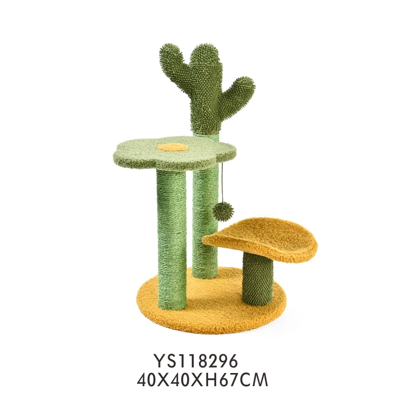 Natural Cat Scratching Post Featuring  3 Scratching Poles Dangling Ball Cat Tree Cactus Cat Scratcher