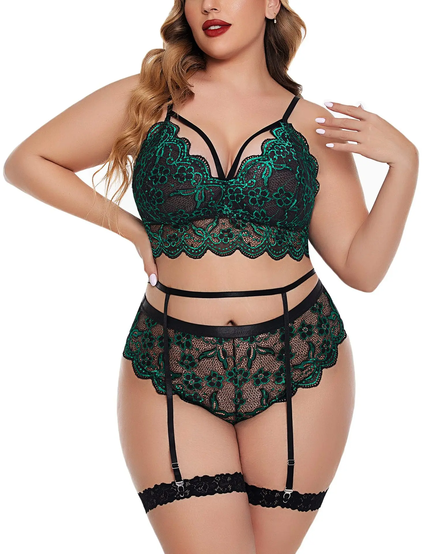 Sexy Plus Size Lingerie Set Bralette Embroidery Lace Panties Garter Belt Underwear Mesh Floral Mature Fat Women Lingerie 4xl 5xl