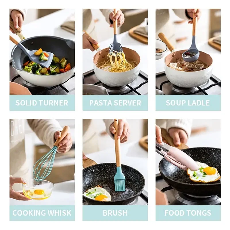 Multifunctional 19pcs Cookware Silicone Kitchen Utensils Set with wooden handle