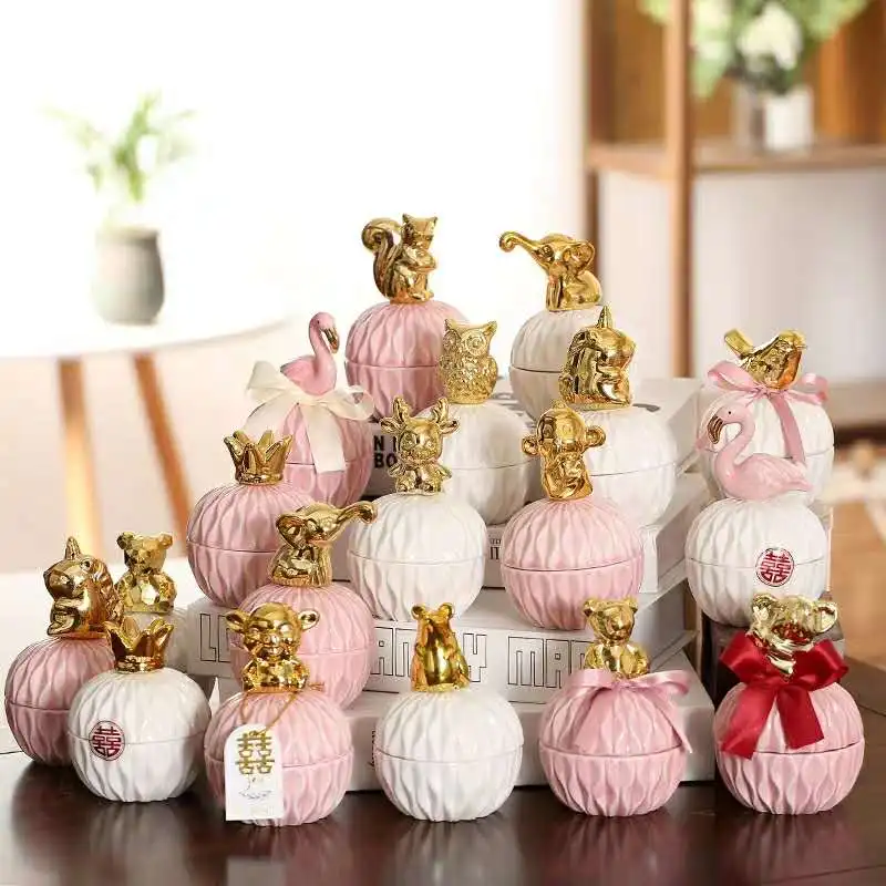 Embossed Ceramic Candle containers with golden animal lid
