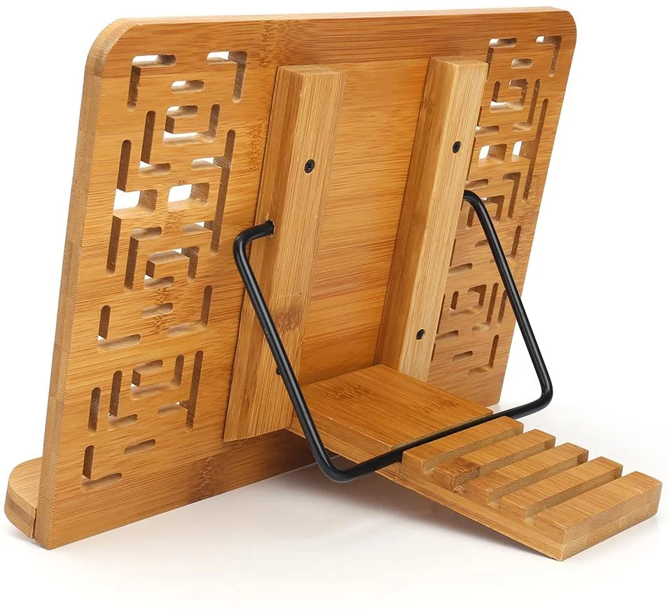 Eco-Friendly Bamboo Adjustable 6 Height Reading Book Shlef Stand Holder Kithcne Foldable BookStand Holder