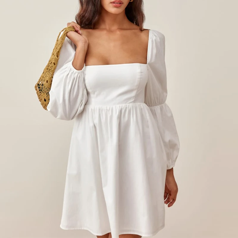 New arrival mini dress baby doll dramatic Double puffed sleeves blue Unlined skirt mini casual dress for women