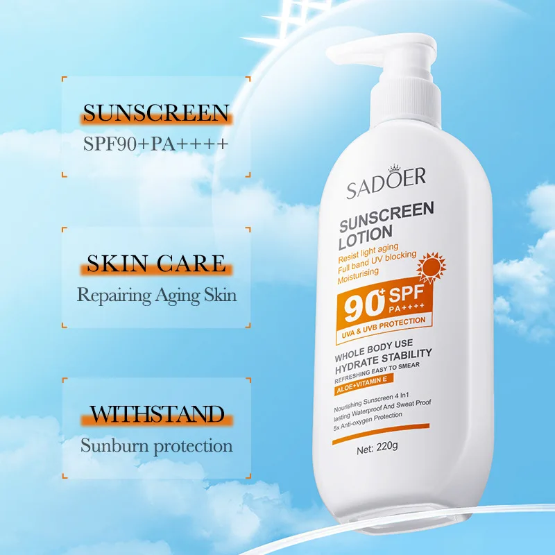 Custom Logo Sadoer Uvb Uva Protection Moisturizing Sunscreen Lotion Spf 90+ Waterproof Whole Body Sunblock Lotion